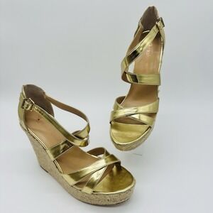 Boston Proper Women's Sz 10 Gold Espadrille Wedge Heel Sandal Resort Girlie